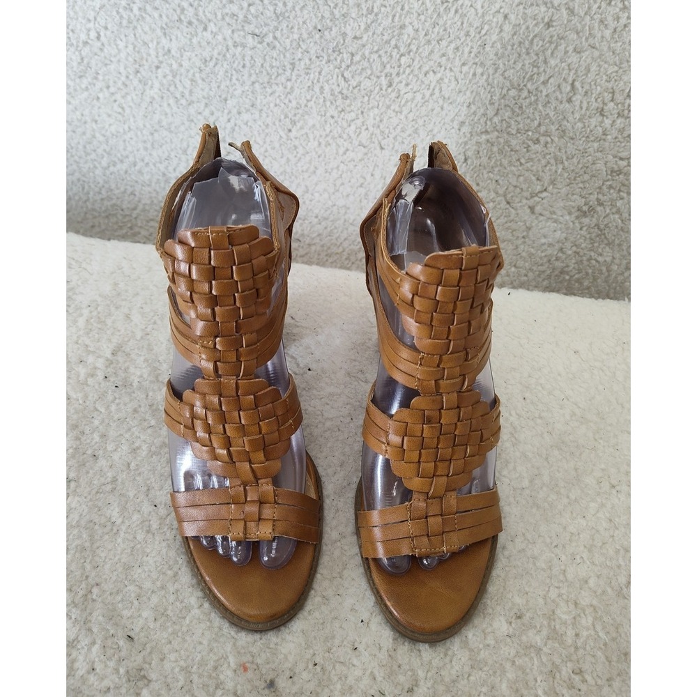 Report Women Sandals 6‎ Brown Woven Leather Block Heel Boho Gladiator Zip Shoes